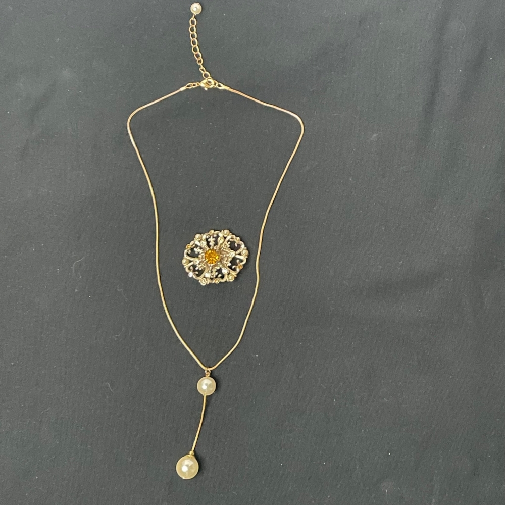 Coro brooch and unmarked gold plated faux pearl necklace